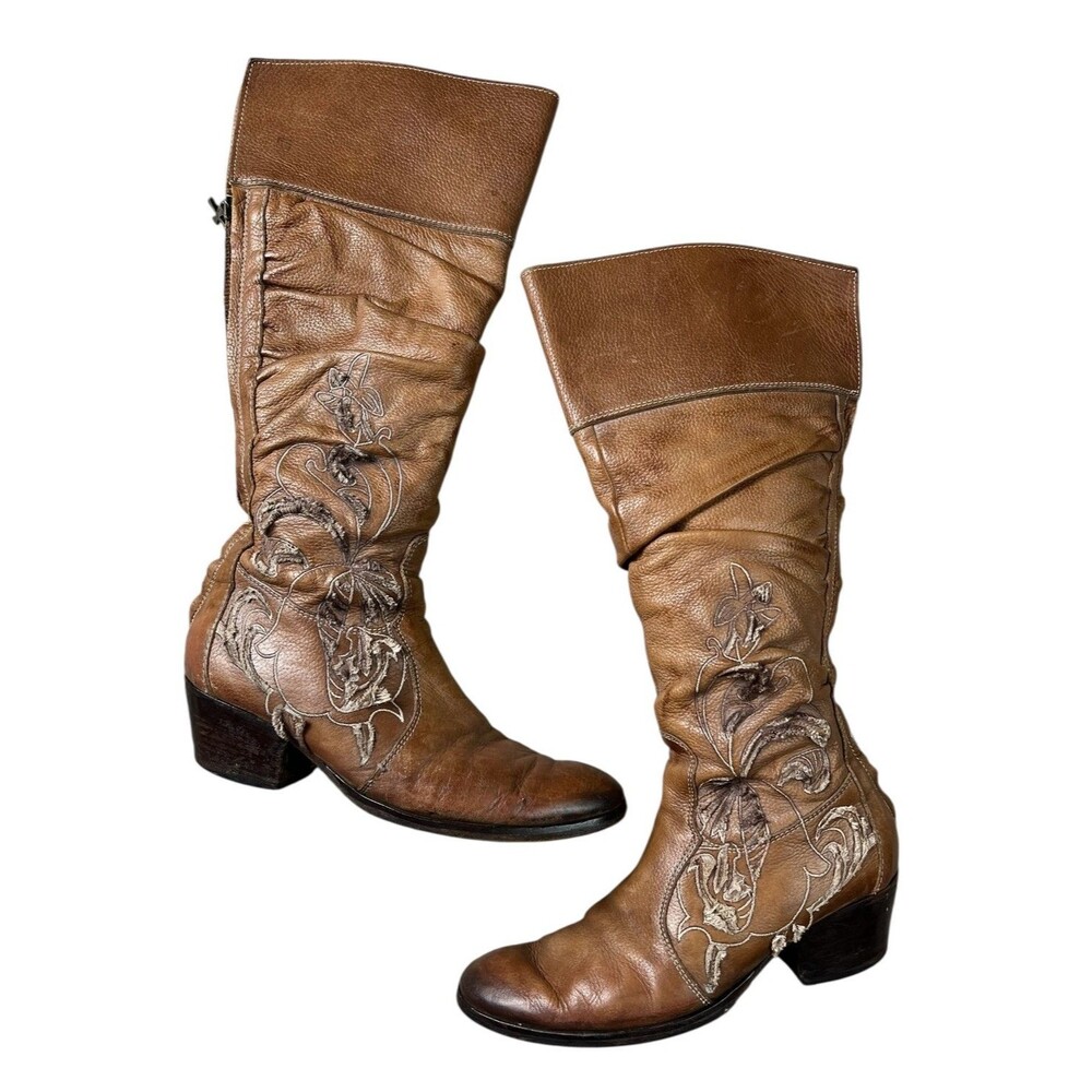 Siren by Mark Nason Italian Brown Embroidered Knee High Boot Back Zip  Size 7.5
